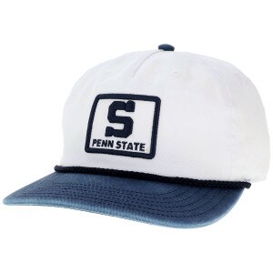 skull hat with blue brim and white body with block S over Penn State
